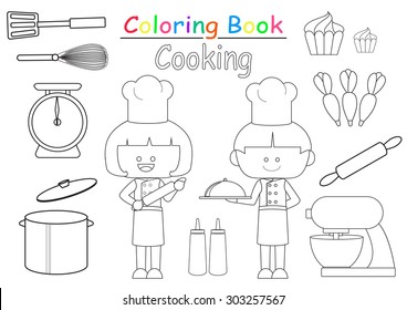 Cooking boy and girl coloring book