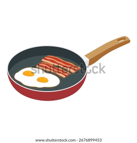 Cooking breakfast concept. Eggs and bacon on frying pan. Fried bacon slice and eggs. Morning food. Vector illustration