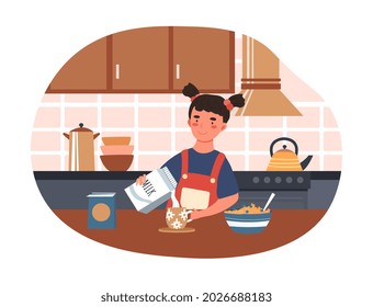 Cooking breakfast concept. Little girl in kitchen pours milk into cup and eats cereal. Delicious and healthy food for children. Cartoon modern flat vector illustration isolated on white background