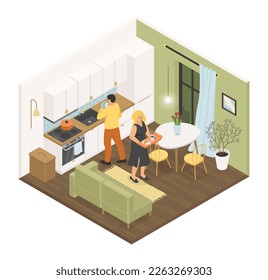 Cooking breakfast in the kitchen - vector colorful isometric illustration. A man washes dishes, a girl in an elegant black dress carries a tray of coffee and a croissant. Romantic evening at home