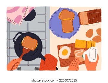 Cooking breakfast, top view. Couple hands cooks morning toasts, bread with fried eggs together. Making sandwiches, preparing food, dish process at kitchen table worktop. Flat vector illustration