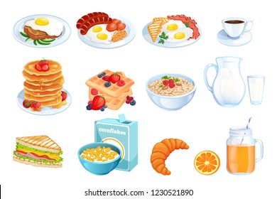 Cooking breakfast, vector cartoon illustration. Set of isolated morning meal dishes. Restaurant or cafe brunch menu design elements.