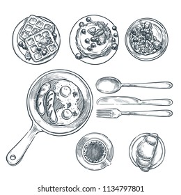 Cooking breakfast, vector top view sketch illustration. Set of isolated hand drawn morning meal. Restaurant or cafe brunch menu design elements.