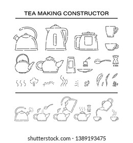 Cooking brew tea procedure constructor set icons. How to make hot drink teapot and boil in the kettle water vector line art sketch black white isolated illustration.