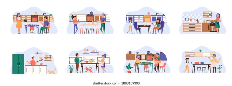 Cooking bundle of scenes with flat people characters. Happy people cooking on kitchen table at home conceptual situations. Family preparing food, delicious and healthy meal cartoon vector illustration