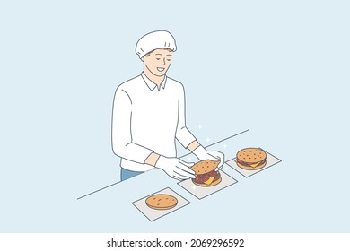 Cooking burgers and junk food cafe concept. Young smiling man chef in uniform and apron cartoon character standing and cooking cheeseburgers in restaurant kitchen vector illustration 