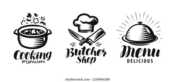 Cooking, butcher shop, menu logo or label. Food concept. Lettering vector illustration