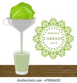 Cooking cabbage juice in juicer, tasty bright liquid from squeezer. Juicer consisting of beautiful cone shaped, squeezer to healthy cabbage juice. Squeezer for cabbage juice, natural steel juicer.