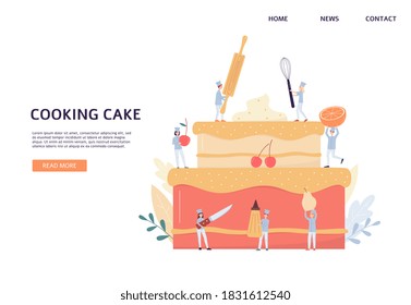 Cooking Cake Banner, Tiny Chef Team Baking Giant Two Tier Birthday Dessert. Cartoon People With Kitchen Utensils And Fruit Ingredients, Vector Illustration Of Website Template