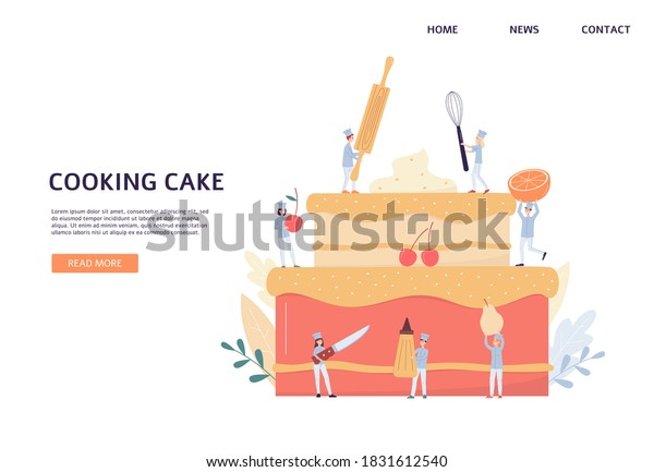 Cooking cake banner,\
tiny chef team baking giant two tier birthday dessert. Cartoon\
people with kitchen utensils and fruit ingredients, vector\
illustration of website\
template