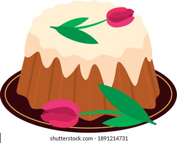 cooking, cake rum baba, figured cake with icing on top, with flowers for decoration, tulips, black stylish plate