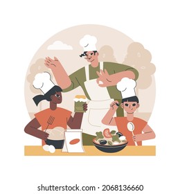 Cooking camp abstract concept vector illustration. Culinary education for kids, young chief course, cooking camp equipment, children summer vacation idea, eating outdoors abstract metaphor.