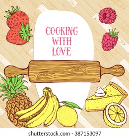 Cooking card on wooden pattern in vintage style, vector