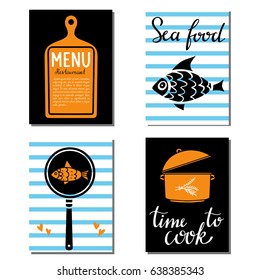 Cooking cards hand drawn set. Menu, sea food isolated. Hand written font, lettering