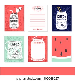 Cooking cards, notes, stickers, labels, tags with cute decorative illustrations. Template for scrapbooking, wrapping, notebooks, notebook, diary, decals, school accessories. Detox and healthy life.