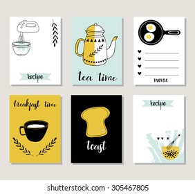 Cooking cards, notes, stickers, labels, tags with cute decorative illustrations. Template for scrapbooking, wrapping, recipe card, notebook, diary, decals, school accessories.