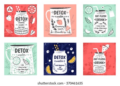 Cooking cards, notes, stickers, labels, tags with cute decorative illustrations. Detox water and drinks. Detox and healthy life. Cute collection of vector illustrations and detox print.