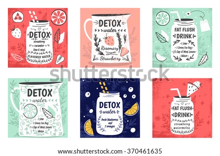 Cooking cards, notes, stickers, labels, tags with cute decorative illustrations. Detox water and drinks. Detox and healthy life. Cute collection of vector illustrations and detox print.