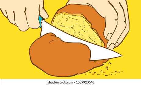 Cocinando. Manos de dibujos animados cortan un bollo con cuchillo. Panadería. Croquis de Vector de color aislado en amarillo.