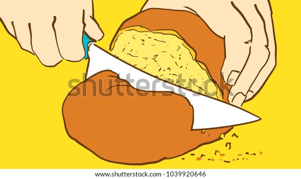 Cooking Cartoon Hands Cut Bun Knife Stock Vector Royalty