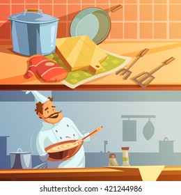 Cooking cartoon horizontal banners set with chef and kitchen utensils isolated vector illustration 