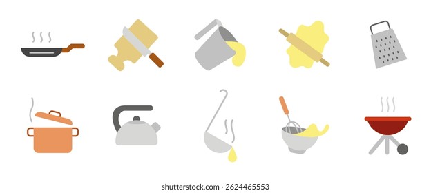 Cooking cartoon icon set. Kitchen utensil and food preparation colored vector illustration. Frying pan, pot, whisk, grater, ladle and barbecue symbols. Culinary tools for meal and dish creation.