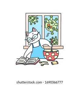 Cooking cat. Stay home - virus prevention illustration. Doodle illustration of a white cat reading a recipe book in a kitchen and a funny sad virus looking into a kitchen window. Vector 8 EPS.