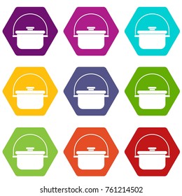 Cooking cauldron icon set many color hexahedron isolated on white vector illustration