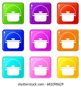 Cooking cauldron icons of 9 color set isolated vector illustration