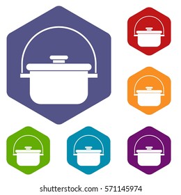 Cooking cauldron icons set rhombus in different colors isolated on white background