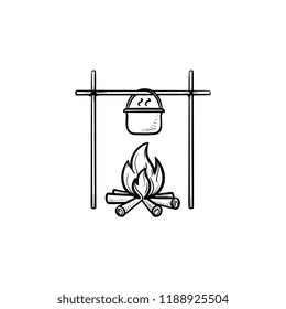 Cooking in cauldron on campfire hand drawn outline doodle icon. Outdoor cooking, camping and travel concept. Vector sketch illustration for print, web, mobile and infographics on white background.