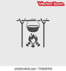 Cooking in cauldron on campfire icon isolated sign symbol and flat style for app, web and digital design. Vector illustration.
