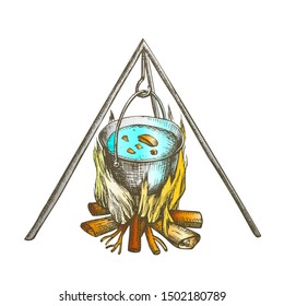 Cooking In Cauldron On Campfire Vintage Vector. Burning Tree Timbers Flame For Cook Soup Touristic Dinner. Hot Temperature Controlled Fire Of Twigs Designed In Retro Style Color Illustration