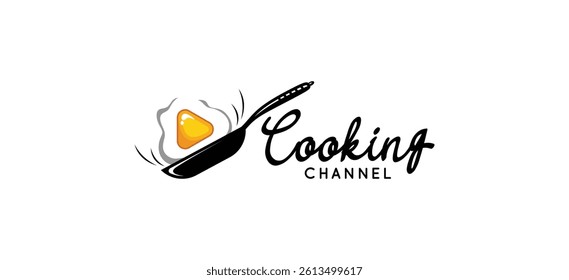 Cooking channel logo design with fried egg icon vector symbol with pan