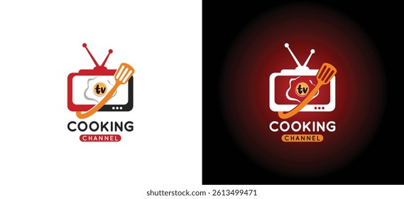 Cooking channel logo design with vector symbols of television and cooking utensils icons
