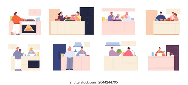 Cooking characters. Dinner on kitchen, prepare food for lunch. People eating, woman baked or cook vegetables and meat. Home food utter vector set