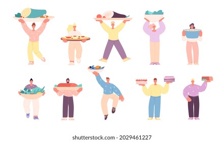 Cooking characters. Festive dinner meals, thanksgiving, birthday or christmas party food. People hold home made meal for lunch utter vector set