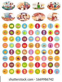 Cooking Characters In Kitchen, Mother Teaching Daughter To Prepare Food. Collection Of Ingredients, Cheese And Pizza, Lemon And Broccoli, Dessert And Sausage, Peach Fruits And Egg. Vector In Flat