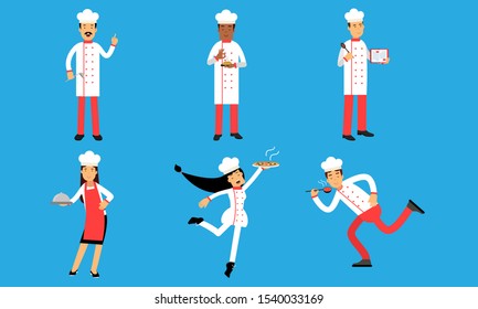 Cooking Characters Present Dishes At Their Brand Recipes. People Learn Menus Vector Illustration Set Isolated On Blue Background
