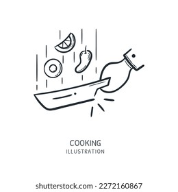 Cooking chef in action with frying pan and food concept doodle hand drawn vector illustration