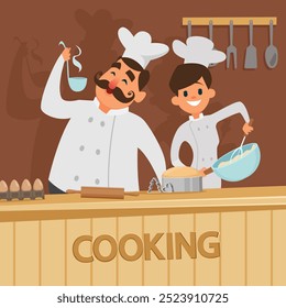 cozinhando. chef com assistente de cozinha no interior da cozinha. vetor desenhos animados fundo