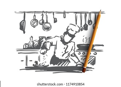 Cooking, chef, food, meal concept. Hand drawn chef preparing dish in restaurant concept sketch. Isolated vector illustration.