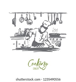 Cooking, chef, food, meal concept. Hand drawn chef preparing dish in restaurant concept sketch. Isolated vector illustration.