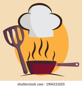 cooking chef hat spatula and saucepan in cartoon style vector illustration