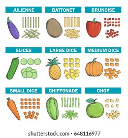 Cocinando el gráfico de información del chef, ilustraciones que demuestran diversos tipos de técnicas de corte de cuchillos de frutas, verduras.