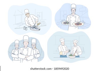 Cooking, chef, restaurant, recipe, food concept. Young positive people men and women professional cooks in aprons cooking various dishes and meals in restaurants. Gourmet, delicious, tasty menu 