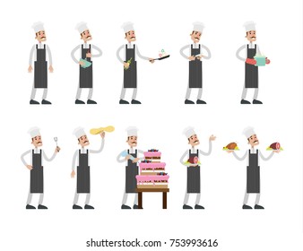 Cooking chef set. Man with moustache in unifrom preparing food.