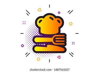 Cooking chef sign. Halftone circles pattern. Food icon. Fork, knife symbol. Classic flat food icon. Vector