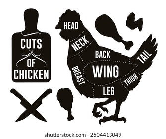 Cooking chicken set stickers monochrome poultry cuts diagram and cutting board near knives for recipe book page design vector illustration