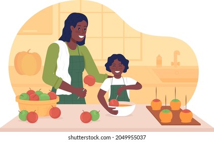 Cooking with child in autumn 2D vector isolated illustration. Making caramel apples. Mother with kid spending time together flat characters on cartoon background. Fall treats colourful scene